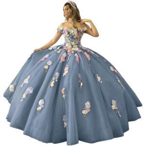 imageYoujiayi 3D Flowers Quinceanera Dresses Puffy Off Shoulder Sweet 16 Dress with Train Princess Lace Appliques Long Ball GownDusty Blue