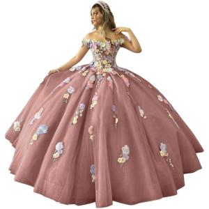 imageYoujiayi 3D Flowers Quinceanera Dresses Puffy Off Shoulder Sweet 16 Dress with Train Princess Lace Appliques Long Ball GownDusty Rose