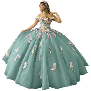imageYoujiayi 3D Flowers Quinceanera Dresses Puffy Off Shoulder Sweet 16 Dress with Train Princess Lace Appliques Long Ball GownDusty Sage