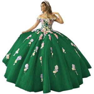 imageYoujiayi 3D Flowers Quinceanera Dresses Puffy Off Shoulder Sweet 16 Dress with Train Princess Lace Appliques Long Ball GownEmerald Green