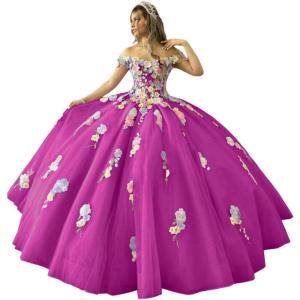 imageYoujiayi 3D Flowers Quinceanera Dresses Puffy Off Shoulder Sweet 16 Dress with Train Princess Lace Appliques Long Ball GownFuchsia