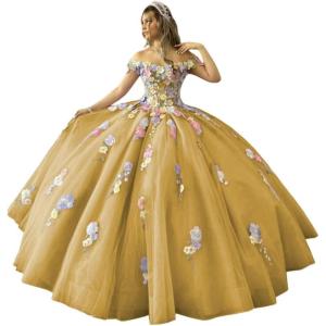 imageYoujiayi 3D Flowers Quinceanera Dresses Puffy Off Shoulder Sweet 16 Dress with Train Princess Lace Appliques Long Ball GownGold