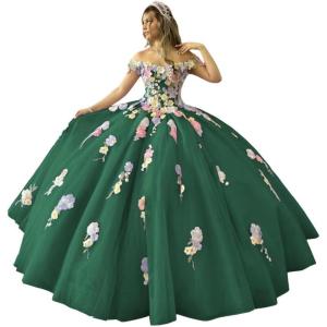 imageYoujiayi 3D Flowers Quinceanera Dresses Puffy Off Shoulder Sweet 16 Dress with Train Princess Lace Appliques Long Ball GownGreen