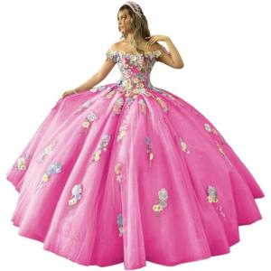 imageYoujiayi 3D Flowers Quinceanera Dresses Puffy Off Shoulder Sweet 16 Dress with Train Princess Lace Appliques Long Ball GownHot Pink