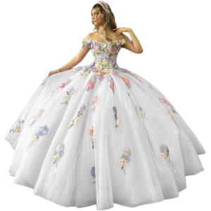 imageYoujiayi 3D Flowers Quinceanera Dresses Puffy Off Shoulder Sweet 16 Dress with Train Princess Lace Appliques Long Ball GownIvory