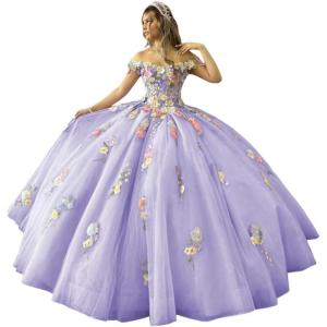 imageYoujiayi 3D Flowers Quinceanera Dresses Puffy Off Shoulder Sweet 16 Dress with Train Princess Lace Appliques Long Ball GownLavender