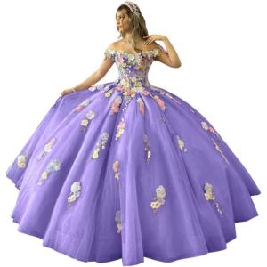 imageYoujiayi 3D Flowers Quinceanera Dresses Puffy Off Shoulder Sweet 16 Dress with Train Princess Lace Appliques Long Ball GownLavender Deep