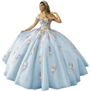 imageYoujiayi 3D Flowers Quinceanera Dresses Puffy Off Shoulder Sweet 16 Dress with Train Princess Lace Appliques Long Ball GownLight Blue