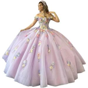 imageYoujiayi 3D Flowers Quinceanera Dresses Puffy Off Shoulder Sweet 16 Dress with Train Princess Lace Appliques Long Ball GownLilac