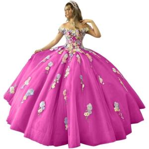 imageYoujiayi 3D Flowers Quinceanera Dresses Puffy Off Shoulder Sweet 16 Dress with Train Princess Lace Appliques Long Ball GownMagenta