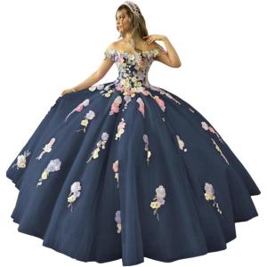 imageYoujiayi 3D Flowers Quinceanera Dresses Puffy Off Shoulder Sweet 16 Dress with Train Princess Lace Appliques Long Ball GownNavy