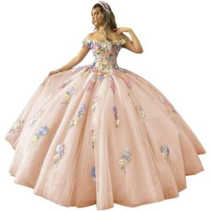imageYoujiayi 3D Flowers Quinceanera Dresses Puffy Off Shoulder Sweet 16 Dress with Train Princess Lace Appliques Long Ball GownPeach