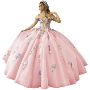 imageYoujiayi 3D Flowers Quinceanera Dresses Puffy Off Shoulder Sweet 16 Dress with Train Princess Lace Appliques Long Ball GownPink