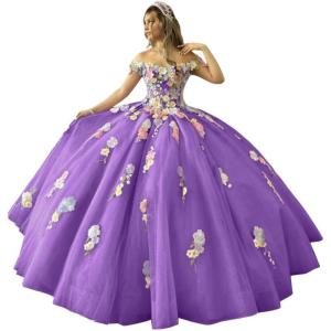 imageYoujiayi 3D Flowers Quinceanera Dresses Puffy Off Shoulder Sweet 16 Dress with Train Princess Lace Appliques Long Ball GownPurple