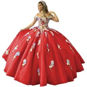 imageYoujiayi 3D Flowers Quinceanera Dresses Puffy Off Shoulder Sweet 16 Dress with Train Princess Lace Appliques Long Ball GownRed