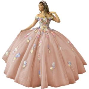 imageYoujiayi 3D Flowers Quinceanera Dresses Puffy Off Shoulder Sweet 16 Dress with Train Princess Lace Appliques Long Ball GownRose Gold
