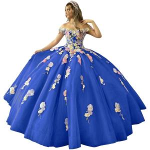 imageYoujiayi 3D Flowers Quinceanera Dresses Puffy Off Shoulder Sweet 16 Dress with Train Princess Lace Appliques Long Ball GownRoyal Blue