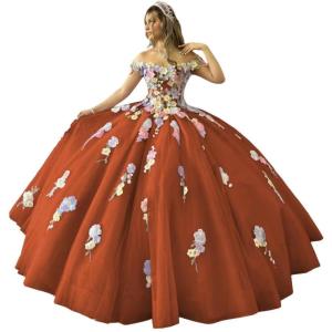 imageYoujiayi 3D Flowers Quinceanera Dresses Puffy Off Shoulder Sweet 16 Dress with Train Princess Lace Appliques Long Ball GownRust