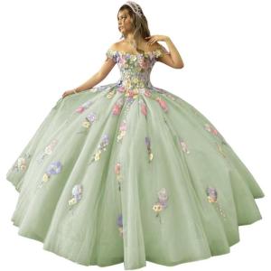 imageYoujiayi 3D Flowers Quinceanera Dresses Puffy Off Shoulder Sweet 16 Dress with Train Princess Lace Appliques Long Ball GownSage
