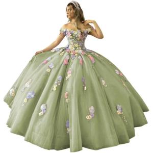 imageYoujiayi 3D Flowers Quinceanera Dresses Puffy Off Shoulder Sweet 16 Dress with Train Princess Lace Appliques Long Ball GownSage Green