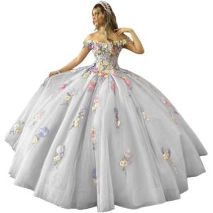 imageYoujiayi 3D Flowers Quinceanera Dresses Puffy Off Shoulder Sweet 16 Dress with Train Princess Lace Appliques Long Ball GownSilver