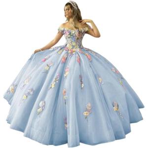 imageYoujiayi 3D Flowers Quinceanera Dresses Puffy Off Shoulder Sweet 16 Dress with Train Princess Lace Appliques Long Ball GownSky Blue