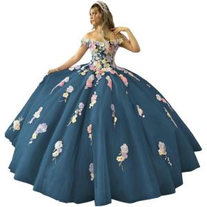 imageYoujiayi 3D Flowers Quinceanera Dresses Puffy Off Shoulder Sweet 16 Dress with Train Princess Lace Appliques Long Ball GownTeal