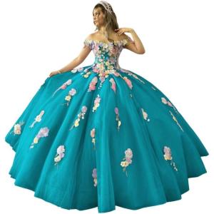 imageYoujiayi 3D Flowers Quinceanera Dresses Puffy Off Shoulder Sweet 16 Dress with Train Princess Lace Appliques Long Ball GownTurquoise