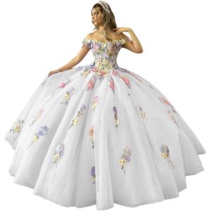 imageYoujiayi 3D Flowers Quinceanera Dresses Puffy Off Shoulder Sweet 16 Dress with Train Princess Lace Appliques Long Ball GownWhite