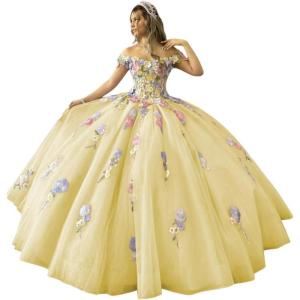 imageYoujiayi 3D Flowers Quinceanera Dresses Puffy Off Shoulder Sweet 16 Dress with Train Princess Lace Appliques Long Ball GownYellow