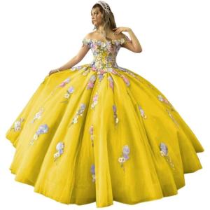 imageYoujiayi 3D Flowers Quinceanera Dresses Puffy Off Shoulder Sweet 16 Dress with Train Princess Lace Appliques Long Ball GownYellow Dark