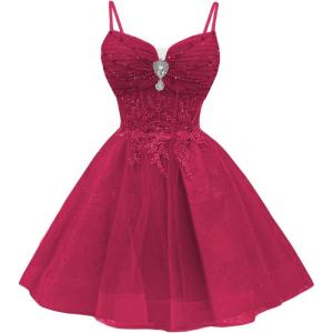 imageYoujiayi Glitter Sequin Short Homecoming Dresses Lace Beaded DAMA Dress for Quinceanera Spaghetti Straps Short Prom DressesBerry