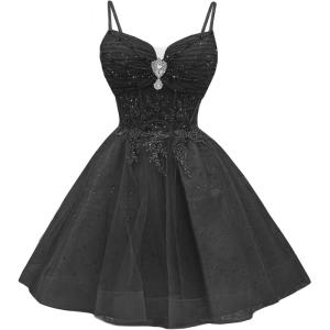 imageYoujiayi Glitter Sequin Short Homecoming Dresses Lace Beaded DAMA Dress for Quinceanera Spaghetti Straps Short Prom DressesBlack
