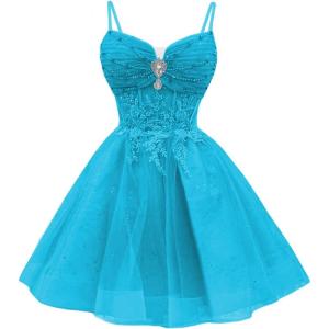 imageYoujiayi Glitter Sequin Short Homecoming Dresses Lace Beaded DAMA Dress for Quinceanera Spaghetti Straps Short Prom DressesBlue