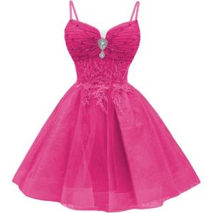 imageYoujiayi Glitter Sequin Short Homecoming Dresses Lace Beaded DAMA Dress for Quinceanera Spaghetti Straps Short Prom DressesBright Pink