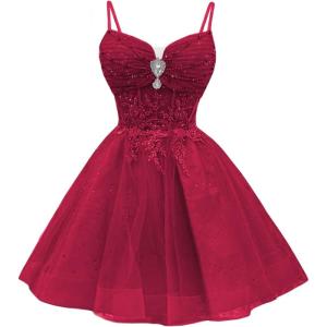 imageYoujiayi Glitter Sequin Short Homecoming Dresses Lace Beaded DAMA Dress for Quinceanera Spaghetti Straps Short Prom DressesBurgundy