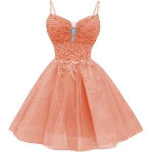 imageYoujiayi Glitter Sequin Short Homecoming Dresses Lace Beaded DAMA Dress for Quinceanera Spaghetti Straps Short Prom DressesCoral