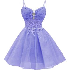 imageYoujiayi Glitter Sequin Short Homecoming Dresses Lace Beaded DAMA Dress for Quinceanera Spaghetti Straps Short Prom DressesDark Lavender