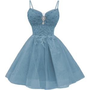 imageYoujiayi Glitter Sequin Short Homecoming Dresses Lace Beaded DAMA Dress for Quinceanera Spaghetti Straps Short Prom DressesDusty Blue