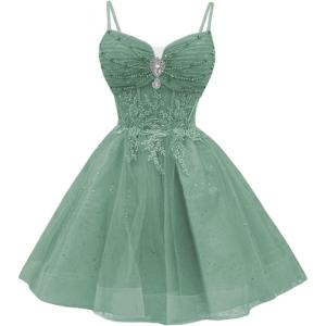 imageYoujiayi Glitter Sequin Short Homecoming Dresses Lace Beaded DAMA Dress for Quinceanera Spaghetti Straps Short Prom DressesDusty Sage