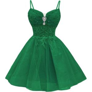 imageYoujiayi Glitter Sequin Short Homecoming Dresses Lace Beaded DAMA Dress for Quinceanera Spaghetti Straps Short Prom DressesEmerald Green