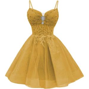 imageYoujiayi Glitter Sequin Short Homecoming Dresses Lace Beaded DAMA Dress for Quinceanera Spaghetti Straps Short Prom DressesGold
