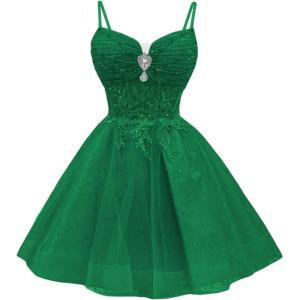 imageYoujiayi Glitter Sequin Short Homecoming Dresses Lace Beaded DAMA Dress for Quinceanera Spaghetti Straps Short Prom DressesGreen