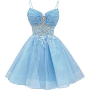 imageYoujiayi Glitter Sequin Short Homecoming Dresses Lace Beaded DAMA Dress for Quinceanera Spaghetti Straps Short Prom DressesLight Blue