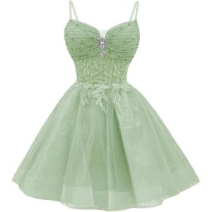 imageYoujiayi Glitter Sequin Short Homecoming Dresses Lace Beaded DAMA Dress for Quinceanera Spaghetti Straps Short Prom DressesSage