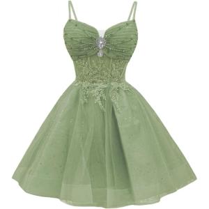 imageYoujiayi Glitter Sequin Short Homecoming Dresses Lace Beaded DAMA Dress for Quinceanera Spaghetti Straps Short Prom DressesSage Green