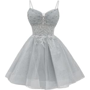 imageYoujiayi Glitter Sequin Short Homecoming Dresses Lace Beaded DAMA Dress for Quinceanera Spaghetti Straps Short Prom DressesSilver