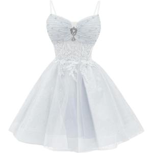 imageYoujiayi Glitter Sequin Short Homecoming Dresses Lace Beaded DAMA Dress for Quinceanera Spaghetti Straps Short Prom DressesWhite