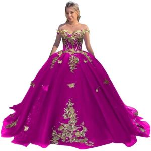 imageYoujiayi Off Shoulder Quinceanera Dresses Puffy Tulle Ball Gowns for Women Gold Appliques Sweet 16 DressesFuchsia