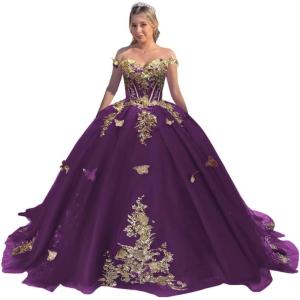 imageYoujiayi Off Shoulder Quinceanera Dresses Puffy Tulle Ball Gowns for Women Gold Appliques Sweet 16 DressesGrape